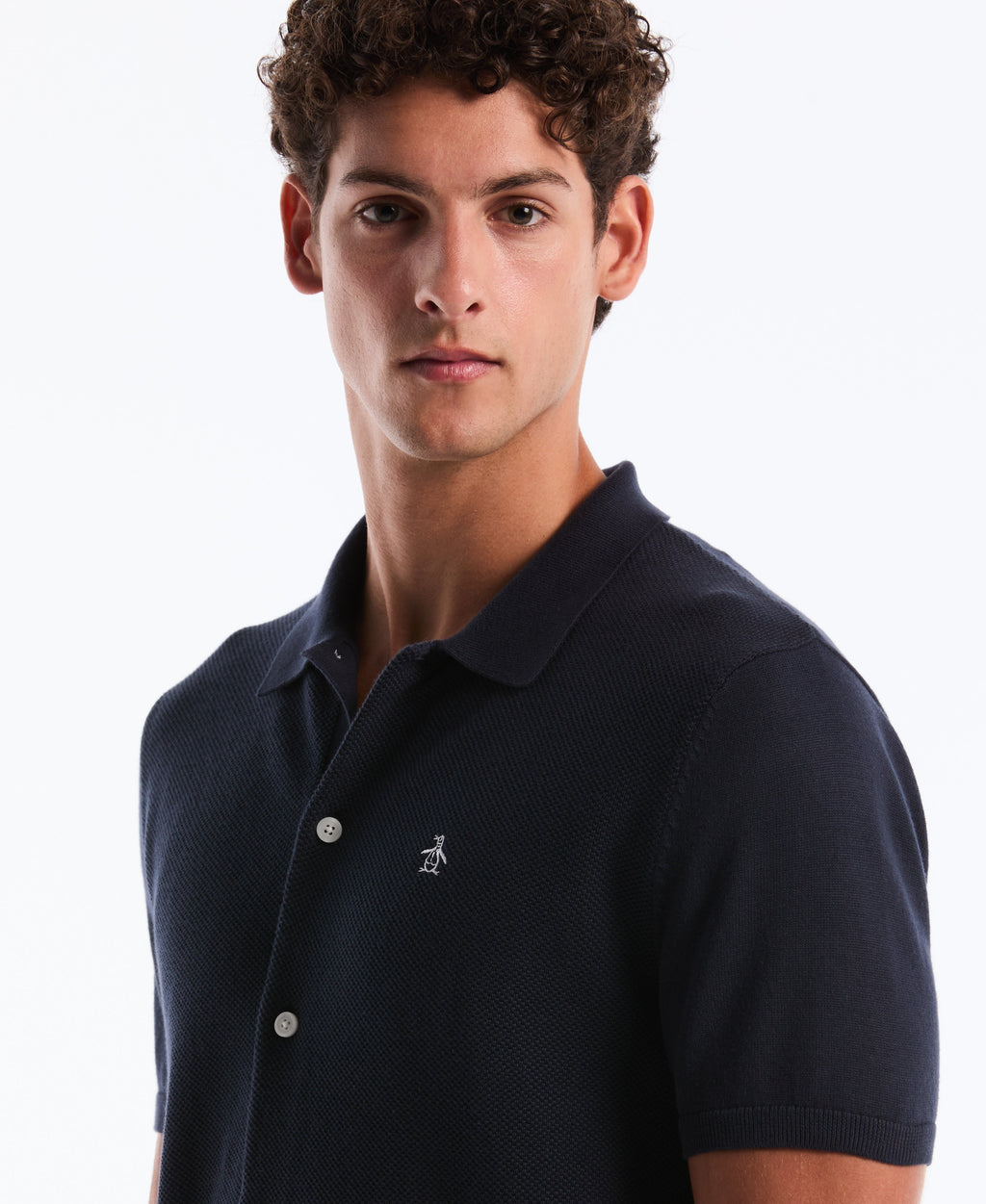 Honeycomb Button-Front Sweater Polo