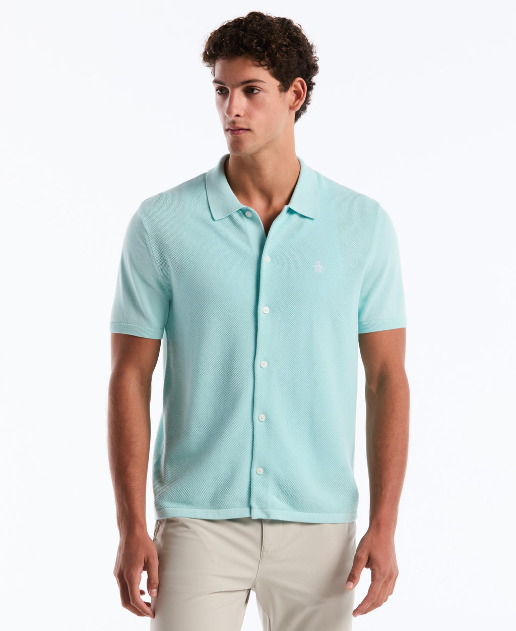 Honeycomb Button-Front Sweater Polo