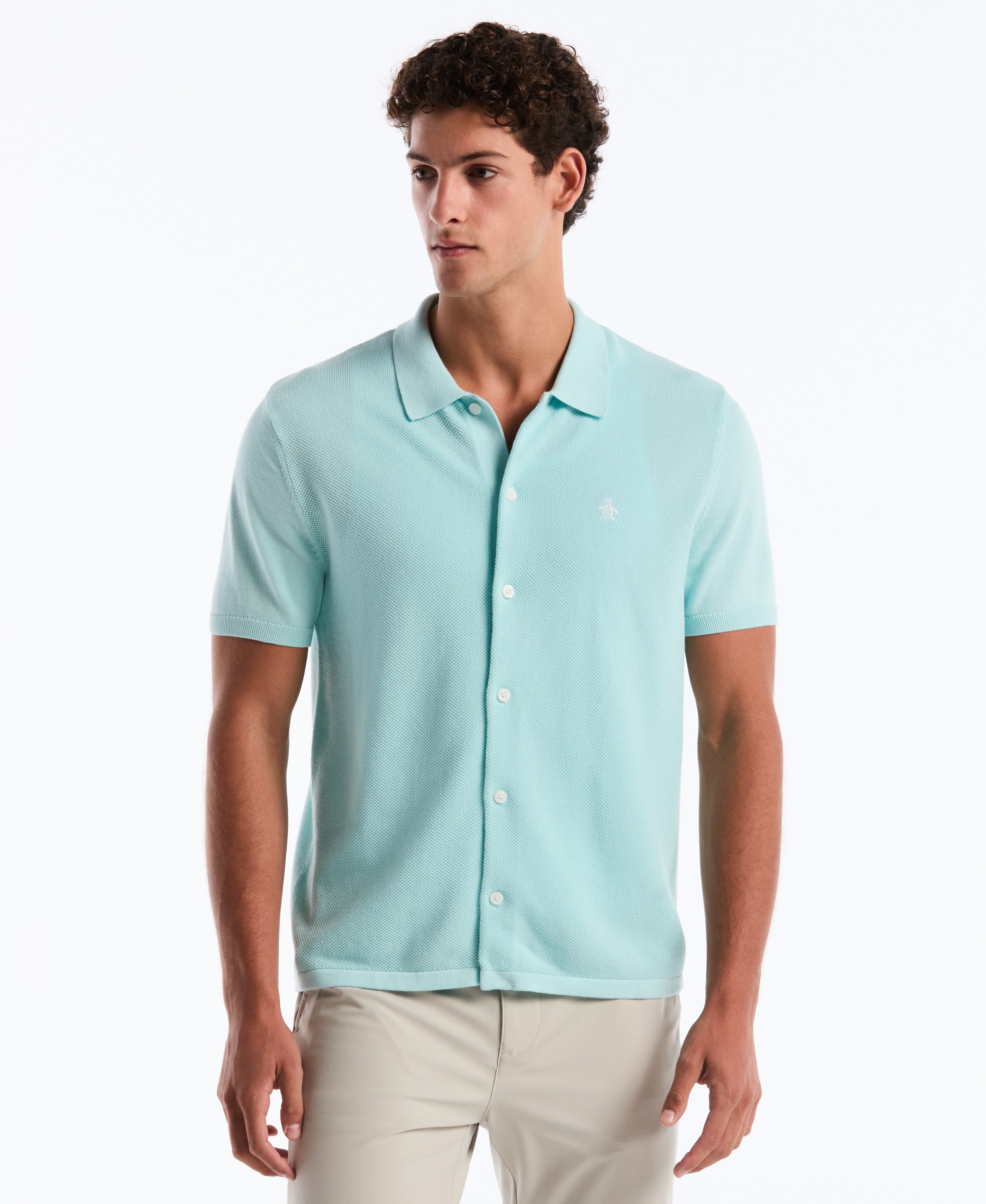 Honeycomb Button-Front Sweater Polo