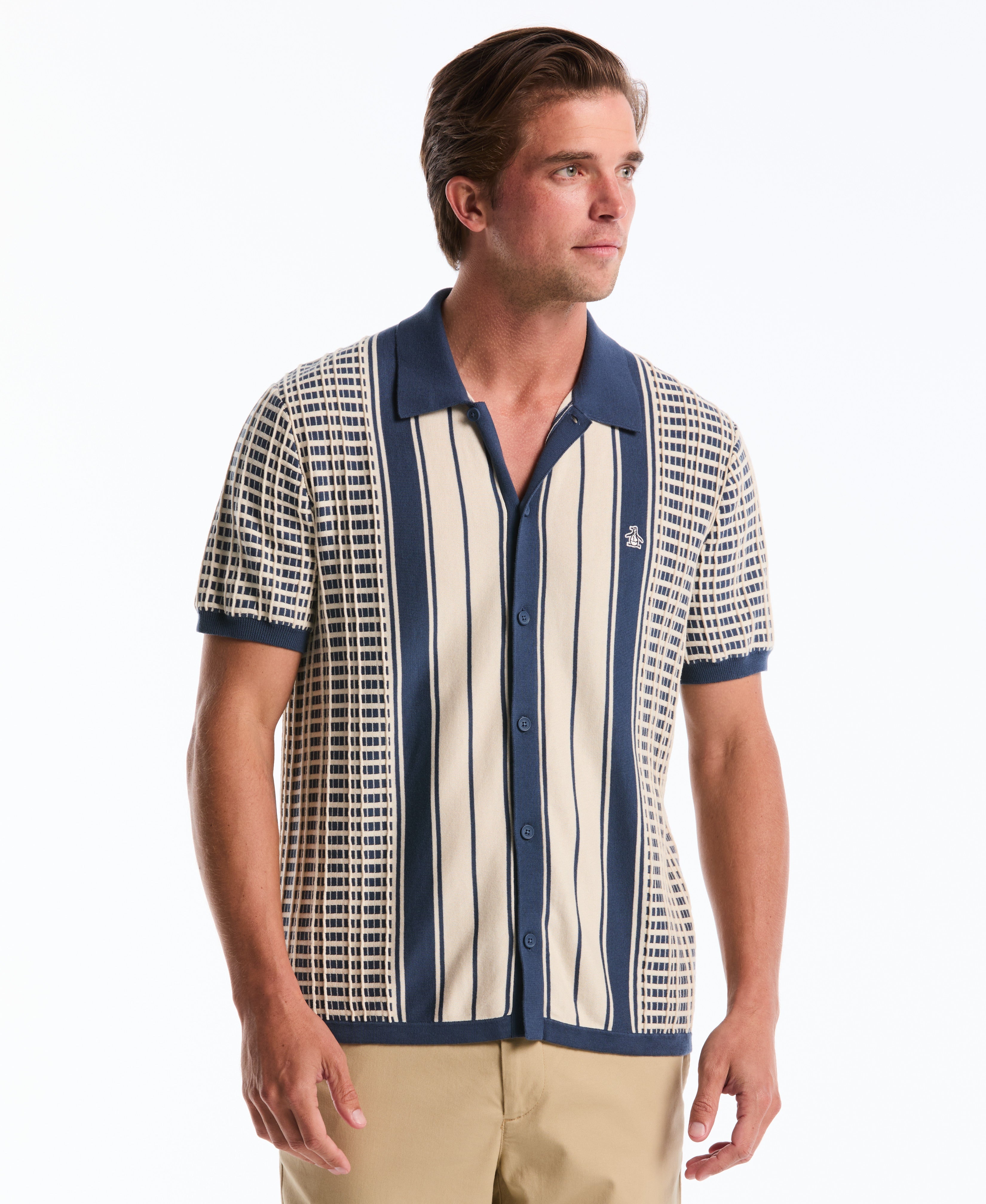 Plaid & Stripe Button-Front Sweater Polo